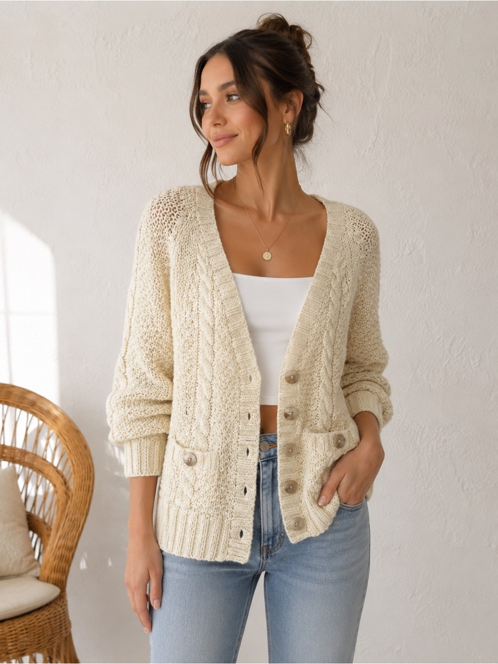 Banana Republic cotton Rabbit‎ hair Ivory Cable Knit Button Cardigan M